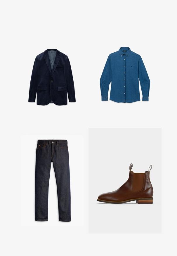 Donkerblauwe fluwelen herenjasje met inkeping revers, enkele knoopsluiting, twee voorzakken met klep en één borstzak.; Blauw denim overhemd met lange mouwen, knoopsluiting, een puntige kraag en een klein geborduurd logo op de linkerborst.; Donkerblauwe spijkerbroek met een rechte pasvorm, vijf zakken, koperen klinknagels, gele stiksels en een duidelijke textuur in de stof.; Bruine leren Chelsea-boot met elastische zijpanelen, treklipjes aan voor- en achterkant en gestapelde houten hak.