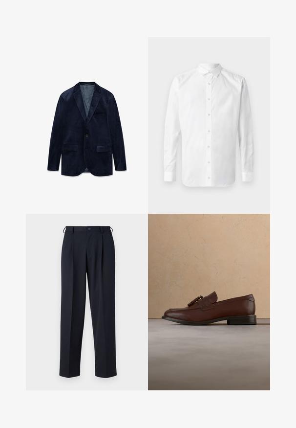 Marineblå fløjl mænds blazer med hakket revers, enkelt knaplukning, to frontlommer med klap og en brystlomme.; Hvid langærmet skjorte med knapper, klassisk krave, frontplacket med knapper og en glat bomuldsstruktur.; Marineblå skræddersyede bukser med knap- og lynlåslukning foran, bæltestropper og sidelommer, vist på en hvid baggrund.; Brun læderloafer med kvaster, der svæver over et tekstureret beige tæppe med et rundt træbord og stablede bøger i baggrunden.