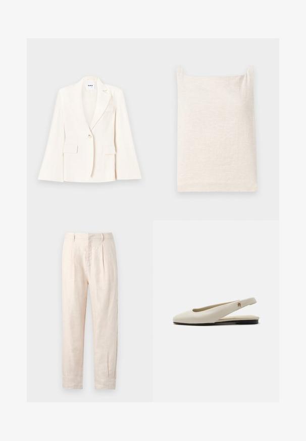 Blazer blanc ajusté avec un bouton, deux poches avant et un col cranté. Texture lisse avec une silhouette structurée.; Haut sans manches beige avec un col carré. Tissu doux et texturé. Design simple avec un ourlet droit et sans motifs ou accents supplémentaires.; Pantalons en lin beige clair avec une coupe droite, dotés de deux plis à l'avant, de poches latérales et d'une surface légèrement texturée.; Chaussure plate slingback en cuir couleur crème avec un bout arrondi et un petit emblème doré sur la bride.