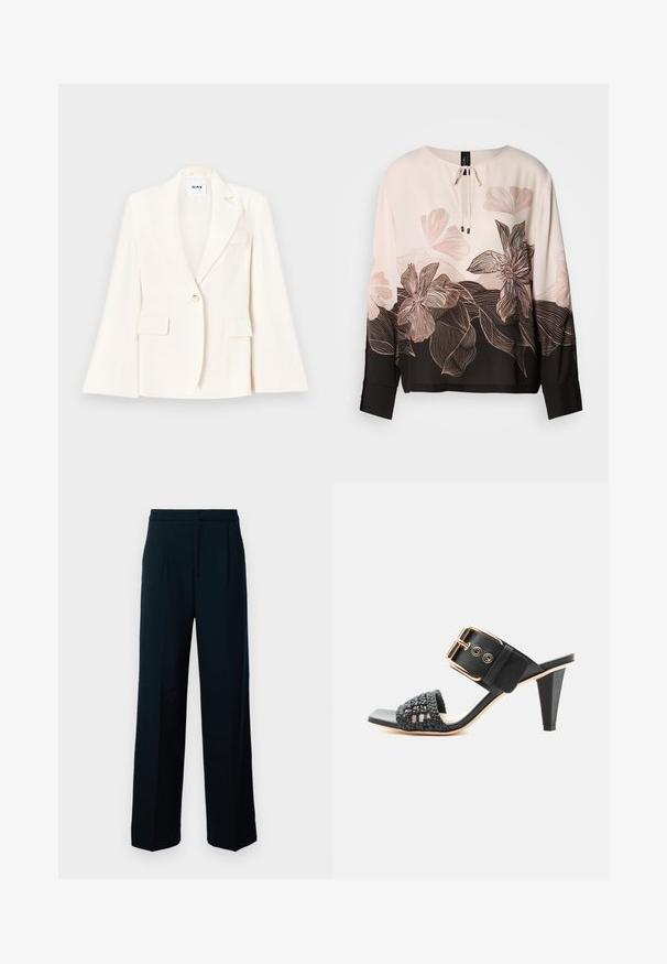 Blazer blanc ajusté avec un bouton, deux poches avant et un col cranté. Texture lisse avec une silhouette structurée.; Blouse à manches longues de couleur rose pâle avec des accents noirs. Présente un motif floral en ligne, un col à cordon de serrage et des poignets boutonnés. Tissu lisse.; Pantalons larges noirs en tissu lisse, avec une taille haute, des plis avant et un design épuré et minimal.; Sandale noire à talon haut avec bride avant tissée et large bride à la cheville ornée d'une grande boucle dorée sur fond blanc.