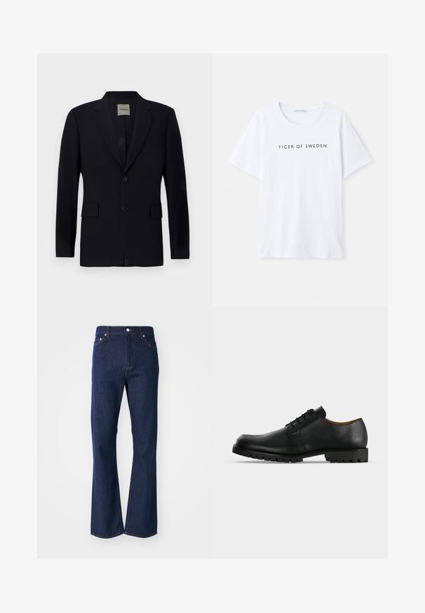 Blazer bleu marine en tissu lisse avec revers cranté, fermeture à un bouton, deux poches avant et une doublure intérieure discrète.; T-shirt blanc à col rond et à manches courtes. Un texte noir indique "TIGER OF SWEDEN" centré sur le devant. Texture du tissu lisse.; Jeans évasés de couleur bleu foncé en denim. Comprend cinq poches, une fermeture éclair à l'avant et un bouton métallique. Accents de couture classique.; Chaussure de ville noire en cuir à lacets avec une semelle épaisse et rainurée et un petit talon, présentée sur fond blanc.