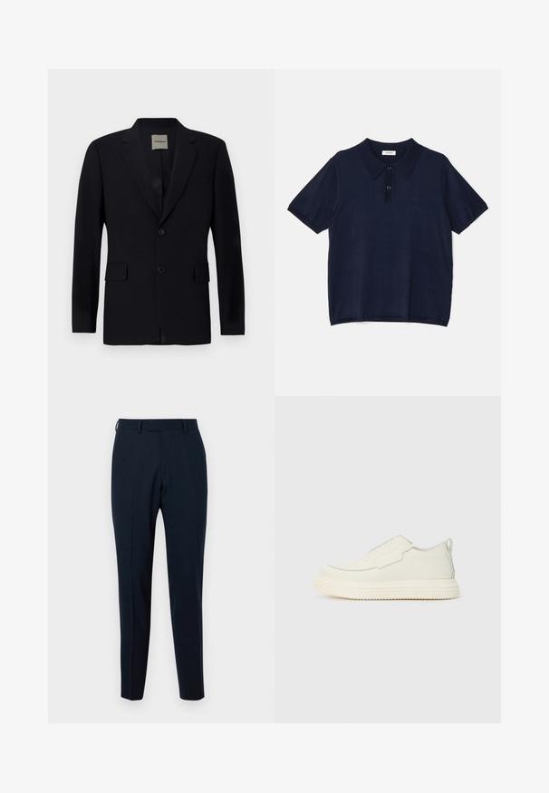 Blazer bleu marine en tissu lisse avec revers cranté, fermeture à un bouton, deux poches avant et une doublure intérieure discrète.; sandro Polo - marine; Pantalon ajusté bleu marine en tissu lisse ; il présente un devant plat, une coupe slim et des poches latérales ; aucun motif ni matériel visible.; Sneaker sans lacets en matériau texturé blanc cassé avec une semelle épaisse et rainurée. Présente des coutures minimales et un accent bleu clair subtil.
