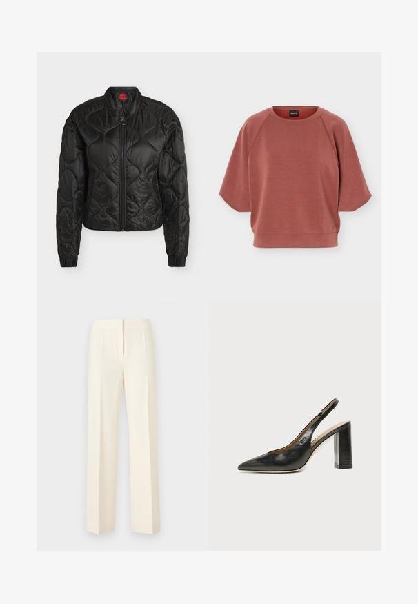 Veste bomber noire matelassée avec fermeture éclair devant, poignets élastiques et petit col montant, présentée sur fond blanc uni.; Sweat-shirt rose poudré à manches courtes et col rond avec manches raglan et ourlet côtelé, présentant un petit logo près du bord inférieur.; Pantalon droit sur mesure couleur blanc cassé avec pli avant, ceinture et fermeture avant dissimulée sur un fond uni.; Chaussure slingback en cuir noir à bout pointu avec un talon bloc haut et une doublure intérieure beige sur un fond clair uni.