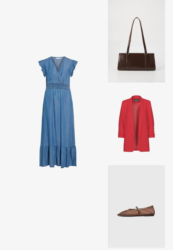 Rød, let blazer med sjalskrave, åben front og op-rullede ærmer. Fremstillet af glat stof uden synlige lukninger. Mærke: PIECES.; Blå denim midi-kjole med V-hals, flæseærmer, elastisk talje og rynket kantdetalje.; Brune mesh balletflade med spids tå, en tynd læderrem og en flad sål. Overdelen har en gennemsigtig tekstur.; Brun lakeret håndtaske med rektangulær form, to lange håndtag og subtile buede detaljer på fronten.