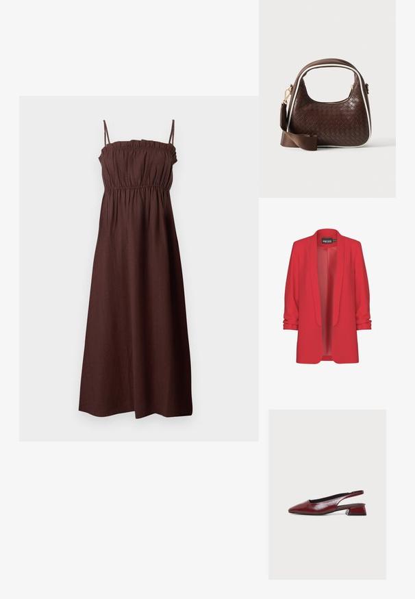 Rød, let blazer med sjalskrave, åben front og op-rullede ærmer. Fremstillet af glat stof uden synlige lukninger. Mærke: PIECES.; Brun ærmeløs maxikjole med tynde stropper, elastisk rynket bodice og løs flydende nederdel, vist på hvid baggrund.; Bordeauxrød læder slingback-sko med spids tå og lav blokhæl, vist fra siden på hvid baggrund.; Brun vævet læderhåndtaske med hvid piping, guldfarvet lynlås og aftagelig brun stofskulderrem.