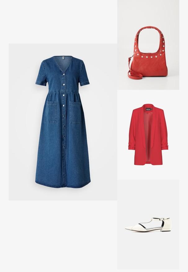 Rød, let blazer med sjalskrave, åben front og op-rullede ærmer. Fremstillet af glat stof uden synlige lukninger. Mærke: PIECES.; Denim kjole med V-udskæring, korte ærmer, knaplukning foran, snøret talje og to forlommer. Mørkeblå farve med en glat tekstur.; Hvid flad sko med spids tå, T-rem og ankelspænde, lav hæl og udskårne sider, vist på en neutral baggrund.; Rød lædertaske med sølvnitter rundt om den øverste kant og håndtagene, der har en aftagelig skulderrem på en ensfarvet baggrund.