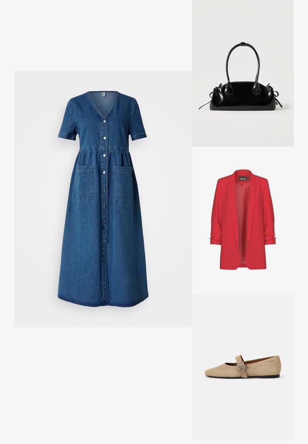 Rode, lichte blazer met een sjawlkragen, open voorkant en opgerolde mouwen. Gemaakt van een gladde stof zonder zichtbare sluitingen. Merk: PIECES.; Jeansjurk met een V-hals, korte mouwen, knopen aan de voorkant, een getailleerde taille en twee voorkantzakken. Donkerblauwe kleur met een gladde textuur.; Beige suède Mary Jane balletschoenen met een spitse neus en een enkele verstelbare band met een zilveren gesp. Zwarte platte zool.; Kleine zwarte glanzende handtas met twee lange hengsels en zijkant trekkoord details op een effen lichte achtergrond.