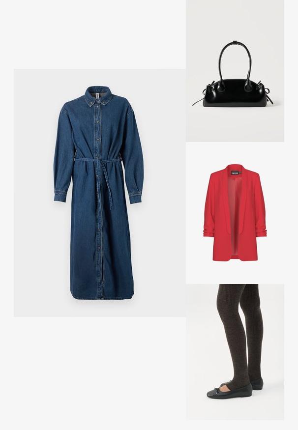 Rød, let blazer med sjalskrave, åben front og op-rullede ærmer. Fremstillet af glat stof uden synlige lukninger. Mærke: PIECES.; Denim skjorte kjole i mørkeblå, med knaplukning foran, krave, lange ærmer, elastisk talje med en matchende bælte og side lommer.; Ben iført mørke ribbede leggings kombineret med sorte balletsko med små sløjfedetaljer på hvid baggrund.; Lille sort blank håndtaske med to lange håndtag og snøre-detaljer i siden på en ensfarvet lys baggrund.
