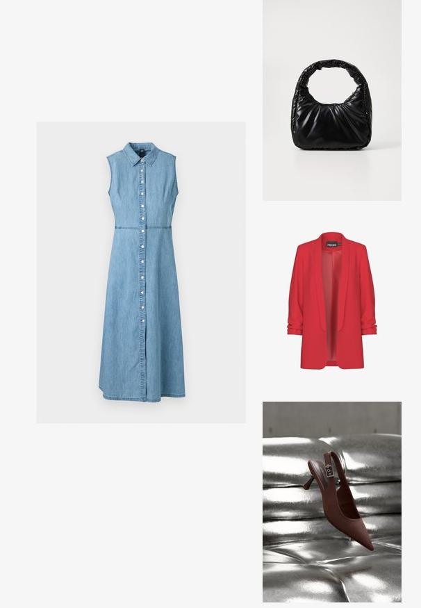 Rode, lichte blazer met een sjawlkragen, open voorkant en opgerolde mouwen. Gemaakt van een gladde stof zonder zichtbare sluitingen. Merk: PIECES.; Mouwloze lichtblauwe denim midi-jurk met kraag en knoopsluiting aan de voorkant, getailleerde taille en A-lijn rok.; Bruine puntschoen met slingback, lage hak en gespband, rustend op een glanzend, zilverkleurig, getuft oppervlak.; Zwarte gevoerde handtas met een ronde handgreep, met een gladde, glanzende oppervlakte en een zachte, gewatteerde textuur. Geen zichtbare metalen onderdelen of accenten.