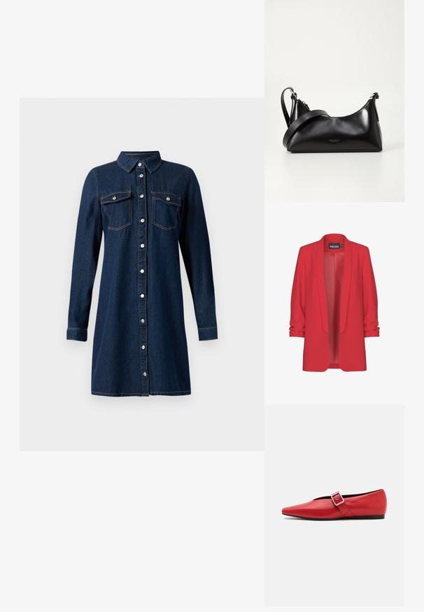 Rote, leichte Blazerjacke mit Schalkragen, offenem Vorderteil und hochgerollten Ärmeln. Hergestellt aus glattem Stoff ohne sichtbare Verschlüsse. Marke: PIECES.; Dunkelblaues Denim-Hemdkleid mit langen Ärmeln und Kragen, silberne Druckknöpfe vorne und zwei Brusttaschen mit Klappen und Druckknöpfen.; Rote Leder-Ballerina mit einer spitzen Zehe, ausgestattet mit einem Seitenriemen mit einer Metallschnalle und einem niedrigen schwarzen Absatz. Glatte Textur über die gesamte Fläche.; Schwarze lederne Handtasche mit glatter Textur. Verfügt über einen verstellbaren Riemen und ein elegantes, minimalistisches Design mit einem Reißverschluss.