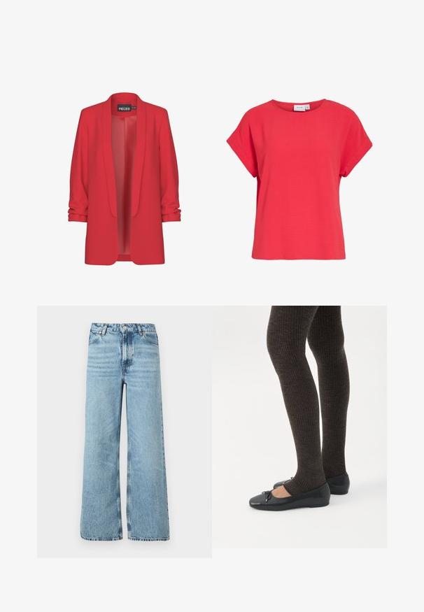 Rød, let blazer med sjalskrave, åben front og op-rullede ærmer. Fremstillet af glat stof uden synlige lukninger. Mærke: PIECES.; Rød kortærmet dametop med rund hals og løs pasform, lavet af tekstureret stof, mærket "VILA" inde i kraven.; Lyseblå wide-leg jeans lavet af denim, med høj talje, fem-lomme design og kontraststing langs sømmene.; Ben iført mørke ribbede leggings kombineret med sorte balletsko med små sløjfedetaljer på hvid baggrund.