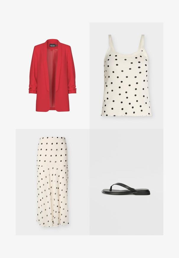 Rode, lichte blazer met een sjawlkragen, open voorkant en opgerolde mouwen. Gemaakt van een gladde stof zonder zichtbare sluitingen. Merk: PIECES.; Crèmekleurig mouwloos hemdje met zwarte stippen en dunne schouderbandjes, met een subtiel gestructureerd patroon.; Ivoorkleurige midirok met zwarte polka dots, voorzien van een gelaagd ontwerp en vloeiende stof.; Zwarte teenflip-flop van glad leer, met een dunne band en een platte zool met een minimalistisch profiel. Geen opvallende patronen of accenten.