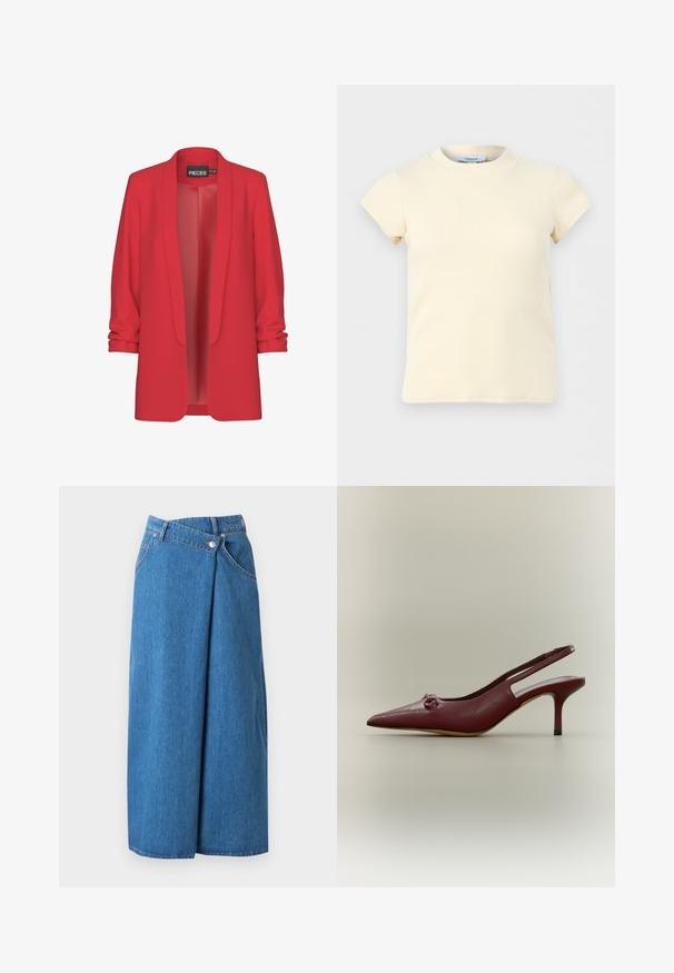 Rode, lichte blazer met een sjawlkragen, open voorkant en opgerolde mouwen. Gemaakt van een gladde stof zonder zichtbare sluitingen. Merk: PIECES.; Roomkleurige geribbelde top met korte mouwen en een ronde halslijn, gemaakt van stretchstof, afgebeeld tegen een effen lichtgrijze achtergrond.; Blauwe denim midi-rok met overlappend voorpaneel, riemlussen, zijzakken en knoopsluiting in de taille.; Donkerrode leren slingback pump met hoge hak, spitse neus en kleine decoratieve knoop aan de voorkant, zijaanzicht tegen een neutrale achtergrond.