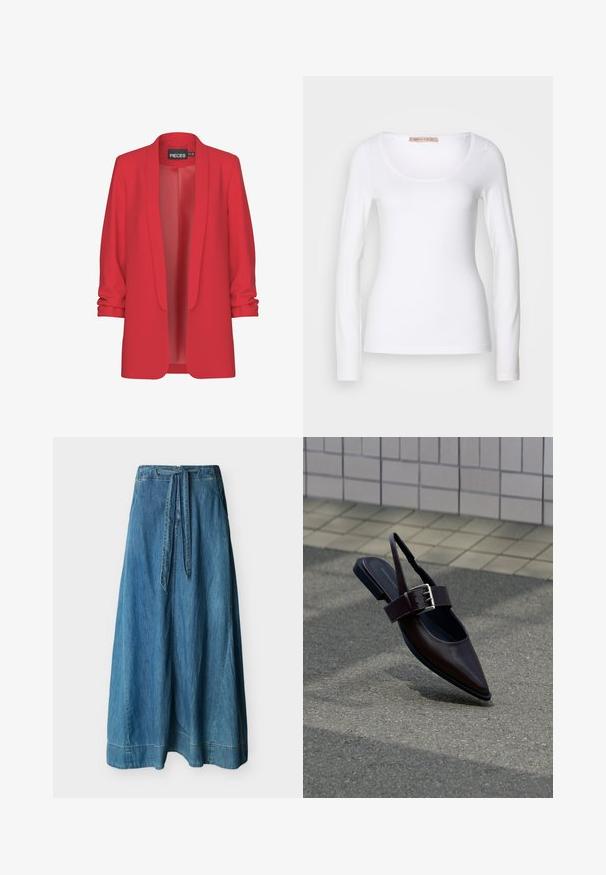 Rote, leichte Blazerjacke mit Schalkragen, offenem Vorderteil und hochgerollten Ärmeln. Hergestellt aus glattem Stoff ohne sichtbare Verschlüsse. Marke: PIECES.; Langärmliges, weißes Baumwoll-T-Shirt mit einem U-Ausschnitt und einer figurbetonten Passform, glatter Textur und ohne Verzierung.; Langer blauer Jeansrock mit hoher Taille und angesetztem Gürtel, der gerade vor weißem Hintergrund hängt.; Dunkelbrauner Slingback-Flachschuh mit spitz zulaufender Zehenpartie, breitem Riemen und großer silberner Schnalle auf Asphalt in der Nähe einer gefliesten Wand.