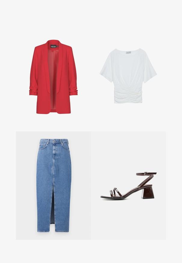 Rød, let blazer med sjalskrave, åben front og op-rullede ærmer. Fremstillet af glat stof uden synlige lukninger. Mærke: PIECES.; Hvid t-shirt med korte ærmer og en afslappet pasform, der har en samlet rynket design ved taljen og en glat stofstruktur. Mærke: Anna Field.; Lyseblå denim midi-nederdel med en frontslids, klassisk fem-lomme design og lukning med topknap. Stoffet har en let struktur.; Mørkebrune laklædersandal med blokhæl, ankelrem med spænde og to tynde remme over tæerne på hvid baggrund.
