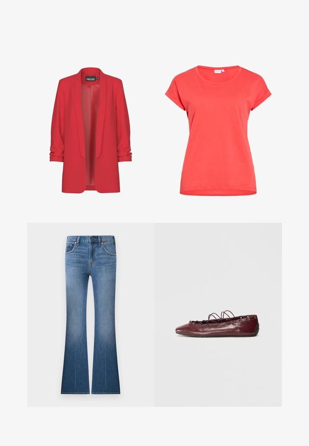 Blazer ligero rojo con cuello de chal, apertura frontal y mangas enrolladas. Fabricado en una tela suave sin cierres visibles. Marca: PIECES.; Camiseta coral de manga corta con cuello redondo y puños enrollados, mostrada plana, enseñando la parte delantera y la etiqueta de la marca en el interior del cuello.; Vaqueros de mezclilla azul con cintura alta, bolsillos frontales, cierre de botón y cremallera, y piernas acampanadas.; Bailarina de cuero burdeos con punta afilada, detalles de encaje en la parte frontal y ojales plateados. Suela suave para flexibilidad y comodidad.