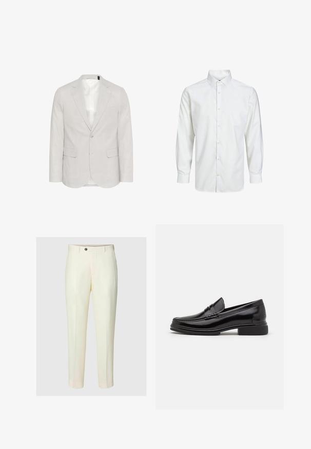 Blazer gris claro hecho de una mezcla de lino, con solapa muesca, dos bolsillos frontales y cierre de dos botones con un forro interior suave.; Camisa blanca de manga larga con botones, cuello puntiagudo y puños abotonados, mostrada sobre un fondo blanco liso.; Pantalones a medida color crema con cierre de botones y bolsillos laterales, mostrados sobre un fondo liso.; Mocasines de cuero negro con punta redondeada, que presentan un detalle cosido a través del empeine y un tacón bajo y cuadrado. Textura suave y acabado brillante.