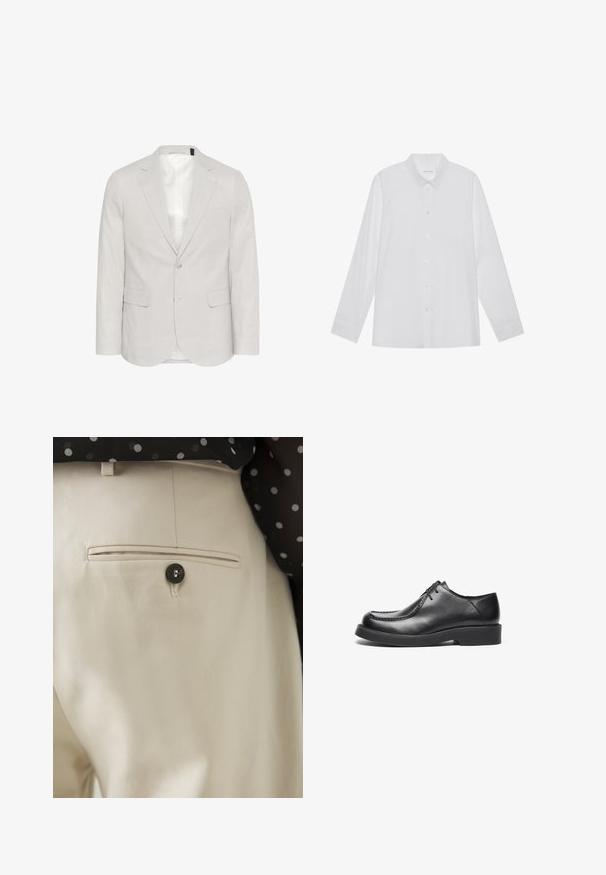 Lichtgrijze blazer van linnenmix, met een opstaande revers, twee voorzakken en een sluiting met twee knopen, voorzien van een gladde voering.; Witte blouse met lange mouwen van soepel stof, met een puntige kraag, voorkant met knoopsluiting en manchetten met één knoop.; Beige broek met een gestructureerde stof en een achterzak, gesloten met een zwarte knoop. Subtiele stikselaccenten langs de zak.; Zwarte leren schoenen met een ronde neus, rechte stikselaccenten en een rubberen zool met laag profiel. Tijdloos, strak design met vetersluiting.
