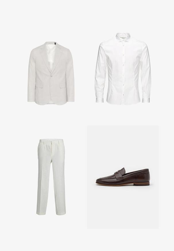 Lys grå blazer lavet af en blanding af hør, med et hakke-krave, to forlommer og to-knaps lukning med et glat indre for.; Hvid langærmet skjorte med knapper lavet af glat stof. Har en klassisk krave, frontknapper og manchetter med en enkelt knap. Slim fit design.; Hvide linnedbukser med lige snit, der har frontfolder, sidelommer og en glat tekstur. Komfortabelt, letvægts stof.; Brune læder loafer med et vævet accent over toppen, glat finish, let spidse tå og en lav stablet hæl.