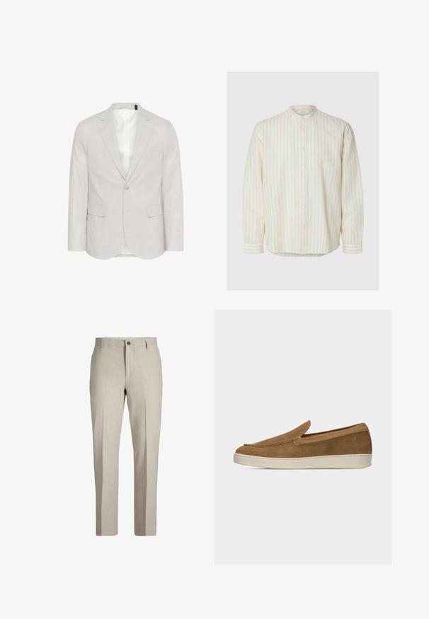 Blazer gris claro hecho de una mezcla de lino, con solapa muesca, dos bolsillos frontales y cierre de dos botones con un forro interior suave.; Camisa de manga larga con botones en la parte delantera, con rayas verticales beige y blancas y cuello mao, sobre un fondo liso claro.; Pantalones de lino beige con presillas para cinturón, cierre de botones y detalle de pliegue frontal, diseñados para ropa masculina.; Zapato de ante marrón claro sin cordones con suela de goma blanca, costuras mínimas y diseño de perfil bajo sobre un fondo claro y liso.