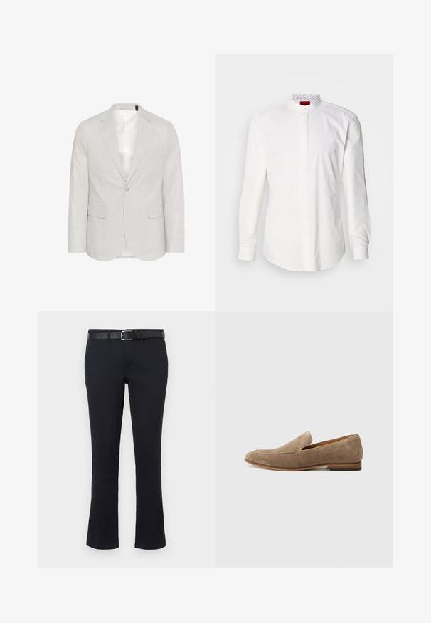 Blazer gris claro hecho de una mezcla de lino, con solapa muesca, dos bolsillos frontales y cierre de dos botones con un forro interior suave.; Camisa blanca de manga larga con cuello alto, confeccionada en algodón. Presenta una tapeta frontal, diseño minimalista y una sutil marca en el interior del cuello.; Pantalones de mezcla de algodón negros con un diseño de pierna recta, que cuentan con una parte delantera plana, trabillas para cinturón y un cinturón de cuero negro. Textura suave y sin patrones visibles.; Mocasines de ante en marrón claro con un diseño acolchado, suela plana y lados abiertos para un fácil acceso al ponérselos. Suela de goma para mayor durabilidad.