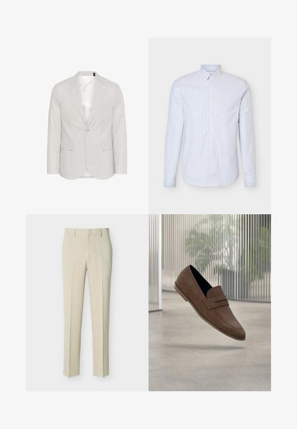 Blazer gris claro hecho de una mezcla de lino, con solapa muesca, dos bolsillos frontales y cierre de dos botones con un forro interior suave.; Camisa de hombre azul claro con botones, con rayas verticales blancas y finas rojas, mangas largas y cuello abotonado.; Pantalones beige a medida de pierna recta con trabillas para cinturón y cremallera frontal, mostrados sobre un fondo claro y sencillo.; Mocasines de ante marrón con un acabado suave, detalles cosidos y diseño de punta redondeada. Suela elevada y estilo fácil de poner.