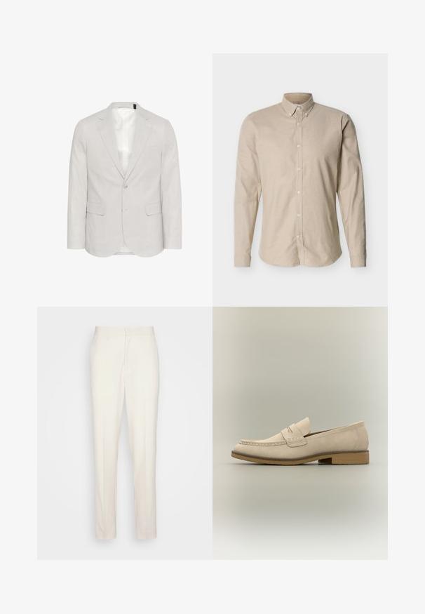 Blazer gris clair en mélange de lin, avec un col cranté, deux poches avant et une fermeture à deux boutons, doté d'une doublure intérieure lisse.; Chemise beige à manches longues avec boutons, col à boutons et silhouette ajustée, présentée sur un fond neutre.; Pantalons sur mesure de couleur crème avec une coupe droite, fabriqués en tissu texturé. Dotés de passants de ceinture et d'une fermeture à glissière à l'avant.; Mocassin en cuir beige clair avec un petit talon, coutures moc toe, et un détail de bride sur le dessus, présenté en profil latéral.