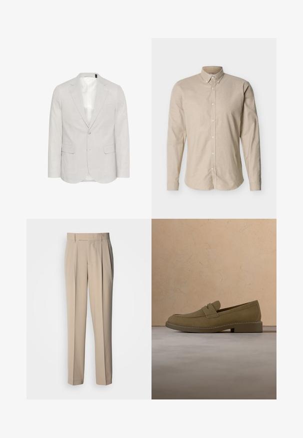 Lichtgrijze blazer van linnenmix, met een opstaande revers, twee voorzakken en een sluiting met twee knopen, voorzien van een gladde voering.; Beige overhemd met lange mouwen, knoopsluiting en een knoopkraag, met een aansluitende pasvorm, getoond tegen een neutrale achtergrond.; Beige, hooggetailleerde geplooide broek met een rechte pasvorm, met een gladde textuur zonder zichtbare versieringen of patronen.; Bruine suède loafer die boven een beige, gestructureerd tapijt zweeft in een woonkamer met een houten salontafel en opgestapelde boeken.