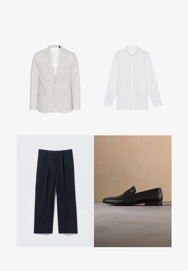Lichtgrijze blazer van linnenmix, met een opstaande revers, twee voorzakken en een sluiting met twee knopen, voorzien van een gladde voering.; Witte knoopsluiting overhemd met dunne zwarte verticale strepen, voorzien van een klassieke kraag en lange mouwen met knoopmanchetten.; Donkerblauwe broek van gladde stof, met een getailleerde pasvorm, twee steekzakken aan de voorkant en een knoopsluiting.; Zwarte leren loafer schoenen zwevend in de lucht boven een beige tapijt met een beige bank op de achtergrond.