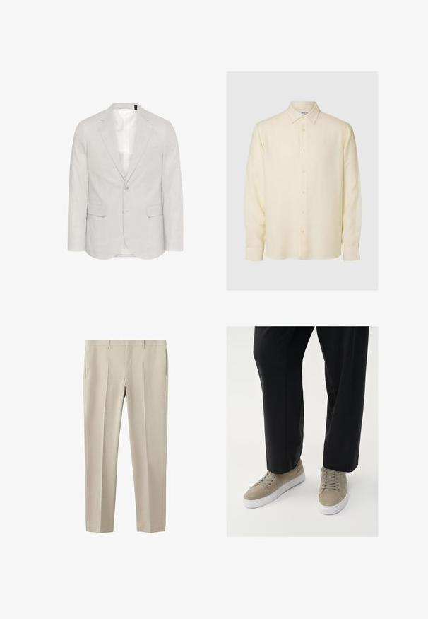 Lys grå blazer lavet af en blanding af hør, med et hakke-krave, to forlommer og to-knaps lukning med et glat indre for.; Langærmet cremefarvet skjorte med knapper og krave, syv knapper foran og synligt mærke inde i kraven.; Beige skræddersyede bukser med bæltestropper, sidelommer og frontplisseringer, designet til en slank pasform.; Lys grå ruskindsneakers med en hvid gummisål, der har runde snørebånd og et minimalistisk design, parret med sorte bukser.