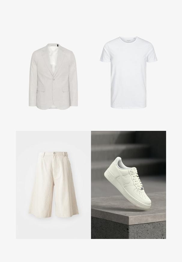Blazer gris claro hecho de una mezcla de lino, con solapa muesca, dos bolsillos frontales y cierre de dos botones con un forro interior suave.; Camiseta de manga corta y cuello redondo en blanco sólido, fabricada en algodón suave, presenta un diseño simple sin patrones ni acentos visibles.; Pantalones cortos de pierna ancha en color beige, hechos de algodón, con un corte recto, bolsillos frontales y un cierre de botón visible en la cintura.; Zapatilla deportiva de cuero blanco con diseño de perfil bajo, superficie texturizada, perforaciones en la punta y detalles plateados en los cordones y la marca.