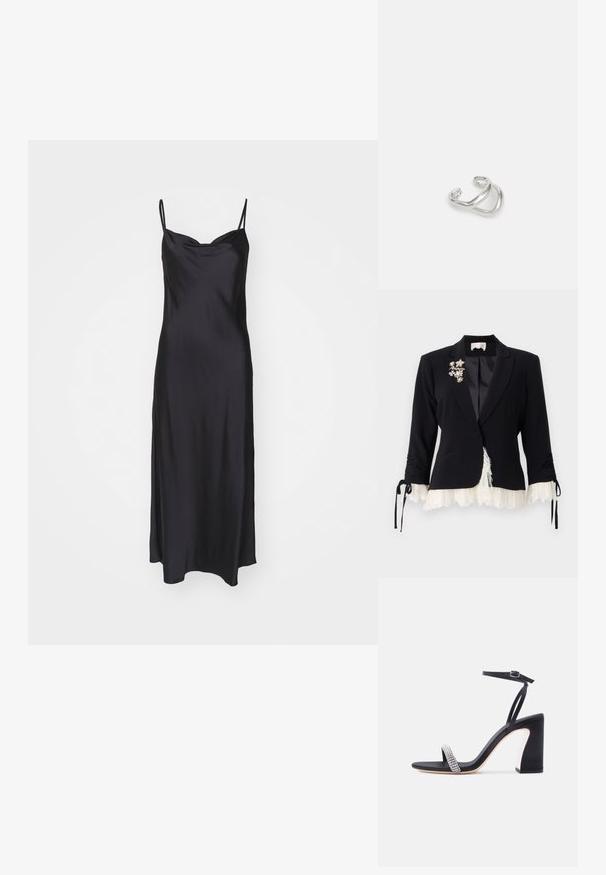 Cinq à Sept LE PETIT ROXIE - Blazer - black/ivory; Sort satin slip kjole med tynde spaghetti stropper, en glat overflade og en tætsiddende bærestykke, der flyder ud i en A-linje silhuet.; Sort højhælet sandal med ankrem og glitrende rhinstenrem ved tæerne på hvid baggrund.; Maria Black RIVER EARCUFF - Øreringe - silver