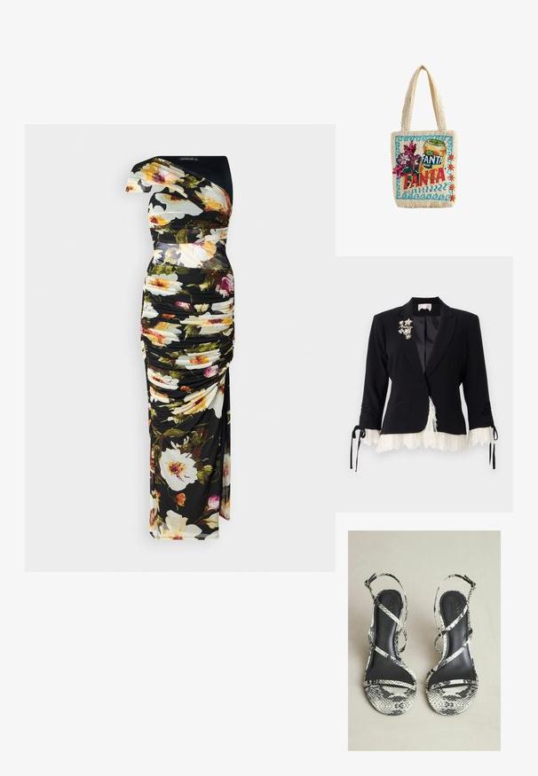 Cinq à Sept LE PETIT ROXIE - Blazer - black/ivory; Blomsterkjole med sort bund, design med én skulder, rynket tekstur, livlige farver i blomster mønstre og gulvlængde silhuet.; Sorte og hvide slangeskindsprint højhælede sandaler med krydsete stropper og en glat, sort polstret indersål.; Perlebesat beige taske med et farverigt design med en citron Fanta dåse, blomster og dekorative blå og røde mønstre.