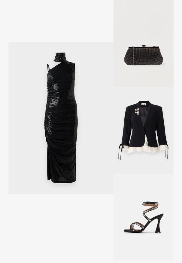 Cinq à Sept LE PETIT ROXIE - Blazer - black/ivory; Sort pailletbesat kjole med én skulder, draperet design og samlet tekstur. Har en høj hals og en slids op til låret.; Sort højhælet sandal med spiral ankelrem, udsmykket med firkantede metalliske detaljer, åben tå og slank buet hældesign.; Sort mesh clutch-taske med en struktureret silhuet, prydet med små metalstuds, har en låsemekanisme og en aftagelig kæderekke.