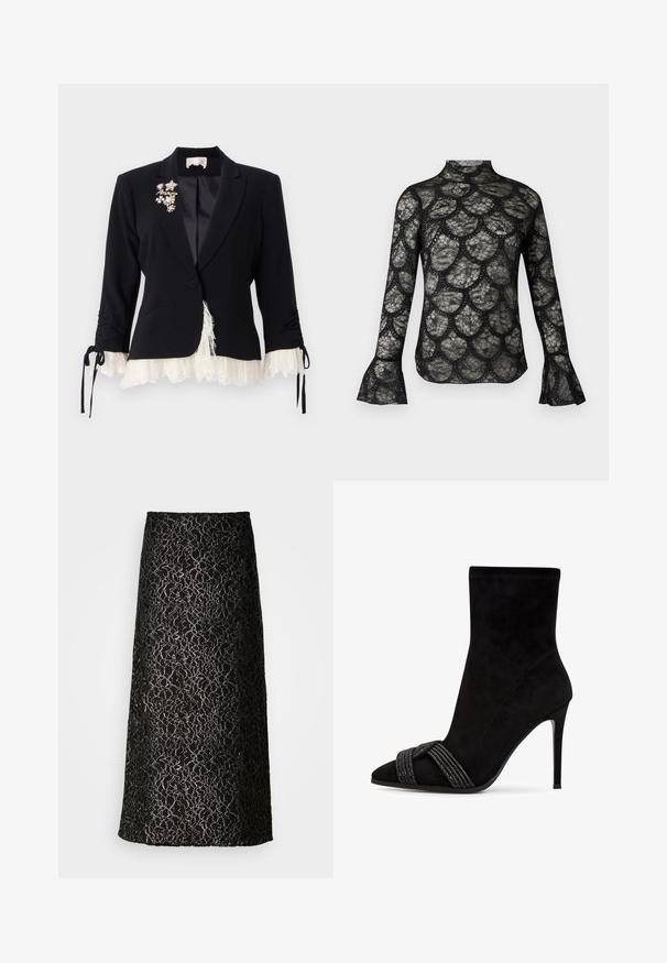 Cinq à Sept LE PETIT ROXIE - Blazer - black/ivory; Sort blonde top med høj krave og flagrende lange ærmer, med et bølget mønster gennem hele stoffet.; Sort blonde maxi nederdel med blomsterprint og struktureret design, i lige silhuet og med en glat indvendig foring.; Sorte ruskind ankelstøvler med spidse tæer, der har en dekorativ perlestraps over foran og en slank stiletto hæl.