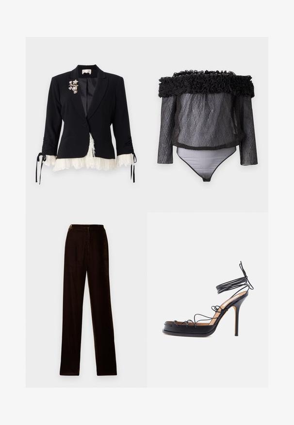 Cinq à Sept LE PETIT ROXIE - Blazer - black/ivory; Hofmann Copenhagen EXCLUSIVE - Bluse - black; Brune fløjl bukser med lige pasform, der har en glat tekstur og en subtil glans, designet med en standard talje og sidesømme.; Sort højt hælede sandal med tynde læderremme, der vikles omkring foden og anklen, med en spids stilethælhæl.