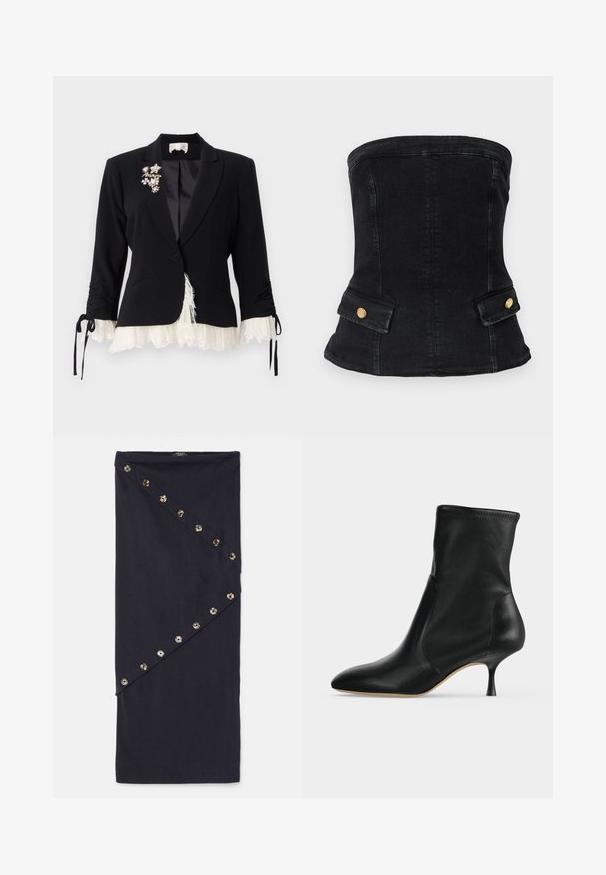 Cinq à Sept LE PETIT ROXIE - Blazer - black/ivory; Sort denim strapless korsæt med en tætsiddende design, der har guldbeslag og to forlommer. Glat tekstur, struktureret form.; Sort stofindpakning med diagonale knapaccenter, der har runde, blanke udsmykninger langs den ene side. Glat tekstur, enkelt design.; Sort læderankelstøvle med spids tå og slank mellemhøj hæl, vist i profil på en lys baggrund.