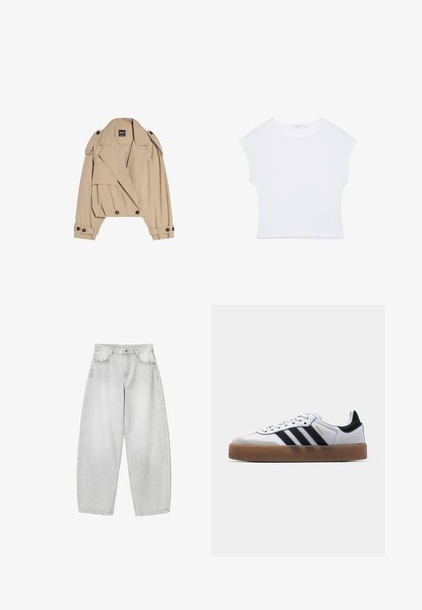 Trench-coat beige court avec un design à double boutonnage, larges revers, épaulettes et poignets boutonnés. Texture de tissu lisse.; T-shirt court blanc à manches courtes avec col rond, en tissu lisse, posé à plat sur un fond blanc.; Jeans à large jambe de couleur gris clair en denim, avec des poches avant, une taille à bouton et une finition légèrement délavée.; Baskets en cuir blanc avec des rayures noires, semelle extérieure en caoutchouc beige, bout rond, fermeture lacée et embout en suède gris doux.