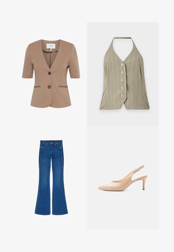 Brun kortærmet blazer med V-hals, enkelt knaplukning, to forlommer, struktureret stof og skræddersyet pasform.; Halter-neck top i lys olivengrøn med lodrette hvide striber, fem knapper foran og en tætsiddende design med en flared kant.; Blå flared jeans lavet af denim, med fem lommer, bæltestropper og kontraststing langs sømmene. Klassisk design med brede ben.; Beige laklæder slingback højhælet sko med spids tå og justerbar spænde-rem.