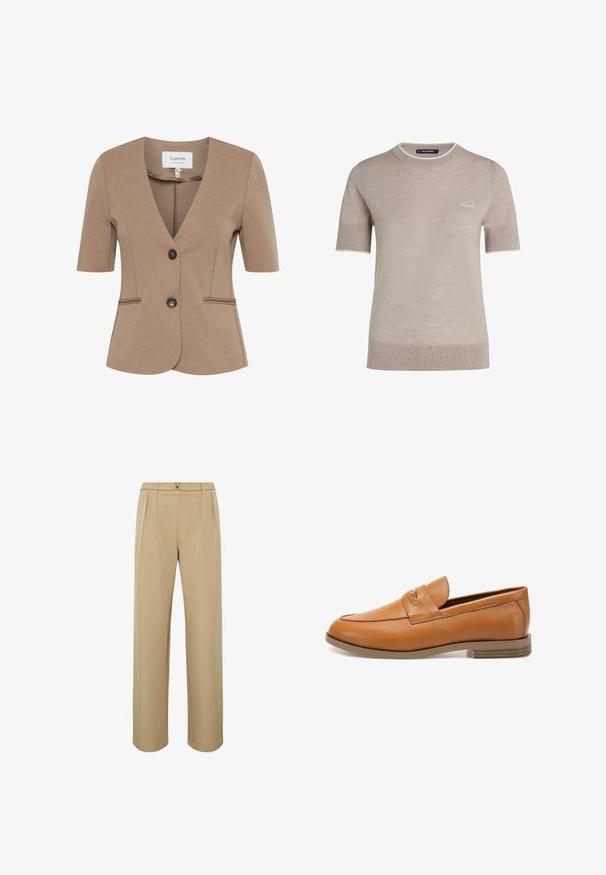 Brun kortærmet blazer med V-hals, enkelt knaplukning, to forlommer, struktureret stof og skræddersyet pasform.; Beige strikket trøje med korte ærmer og rund hals, med diskret hvid kant og lille hvid "Karl" brodering på brystet.; Beige bukser med høj talje og lige ben, med bæltestropper og en lille metalspænde ved taljen.; Brune læder loafers med en glat finish, oval tå, lille dekorativ slidser og brune gummisål. Enkel og strømlinet design.