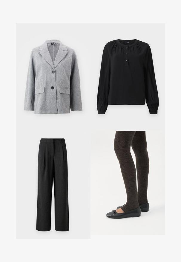 Grijze blazer van een visgraatpatroon stof, met een aangeknipt kraag, twee voorzakken en twee zwarte knopen.; Zwarte blouse met lange mouwen, ronde halslijn, drie knoopsluitingen en subtiele plooien bij de schouders en manchetten.; Zwarte wijdvallende broek van textuurstof, met voorplooien en een op maat gemaakte tailleband, ontworpen voor een losse pasvorm.; Benen met donkere geribbelde leggings gecombineerd met zwarte ballerina's met kleine strikdetails op een witte achtergrond.