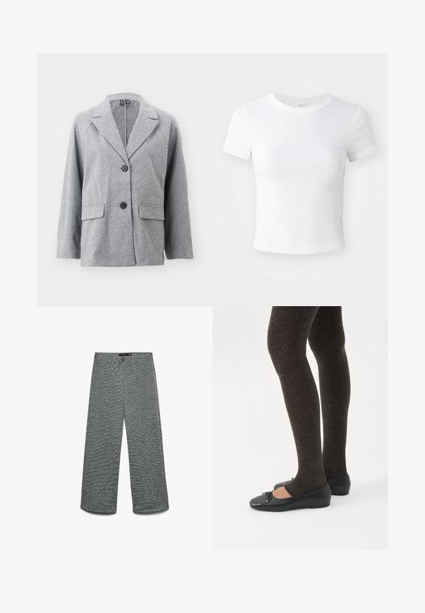 Grijze blazer van een visgraatpatroon stof, met een aangeknipt kraag, twee voorzakken en twee zwarte knopen.; Effen witte cropped t-shirt met korte mouwen en ronde hals, weergegeven op een neutrale lichte achtergrond.; Wijde broekspijpen van een geaderde grijze gebreide stof. Heeft een hoge tailleband en rechte pijpen, die zorgen voor een ontspannen pasvorm.; Benen met donkere geribbelde leggings gecombineerd met zwarte ballerina's met kleine strikdetails op een witte achtergrond.