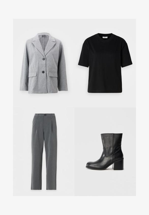 Blazer gris en tissu à motif de chevrons, doté d'un col cranté, de deux poches avant et de deux boutons noirs.; T-shirt en coton noir à manches courtes, à encolure ronde et à coupe décontractée. Texture lisse et design minimal sans motifs ni accents visibles.; Pantalon gris coupe droite avec passants de ceinture, fermeture à boutons sur le devant et plis près de la taille sur fond blanc.; Bottine en cuir noir à bout rond, détails de coutures latérales et talon bloc épais. Texture lisse et design minimaliste.