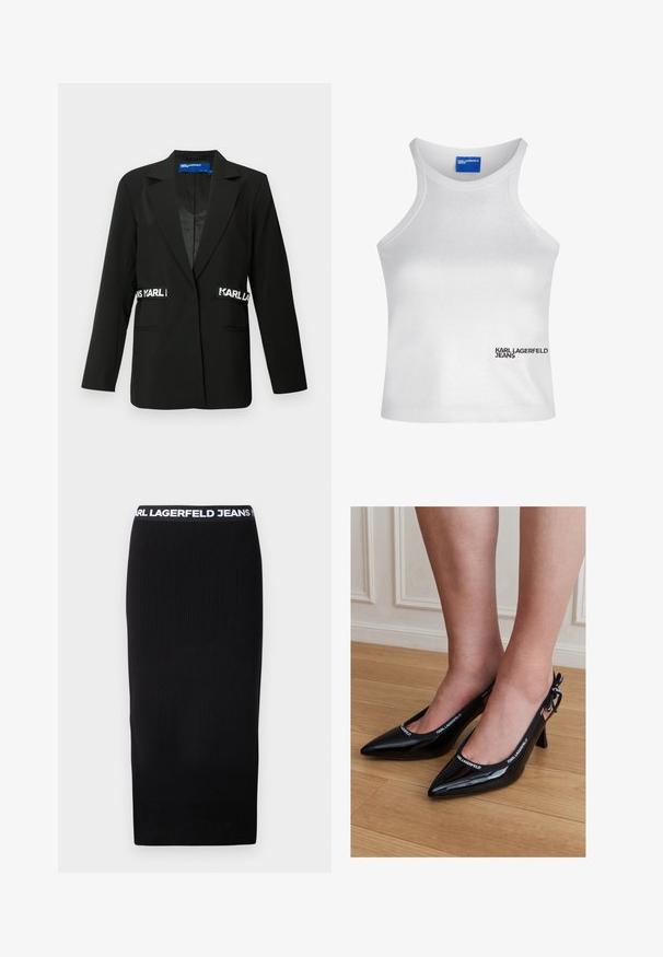 Zwarte blazer met een slim-fit ontwerp, enkele knoopsluiting, twee voorzakken en "Karl" logo-accenten aan de zijkanten. Soepele stoftextuur.; Witte mouwloze crop top met hoge nek en het "Karl Lagerfeld Jeans" logo op de onderzijde rechts voor.; Zwarte geribbelde midi-rok met een witte gebrandmerkte elastische tailleband. De stof heeft een gladde textuur en een figuurvormend ontwerp.; Zwarte lakleren slingback hakken met puntige neus en KARL LAGERFELD merkafwerking, gedragen op voeten staand op een houten vloer.