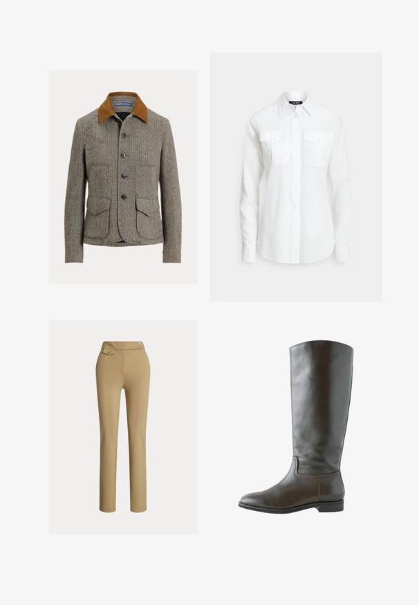 Chaqueta marrón de espiga con cuello de pana, que cuenta con cierre de botones, dos bolsillos delanteros y un diseño de corte clásico.; Camisa blanca de botones hecha de tela texturizada, con cuello puntiagudo, mangas largas y dos bolsillos en el pecho con solapas.; Pantalones beige ajustados con una textura suave, cintura alta, dos botones decorativos y un bolsillo trasero. Diseño de pierna recta.; Bota de cuero marrón hasta la rodilla con una textura suave, punta redonda y detalle de costura mínimo. La suela es plana con un tacón bajo.