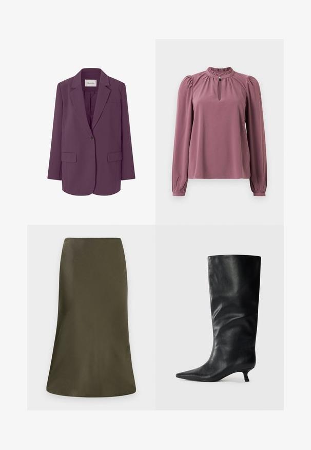 Blazer violet avec un revers cranté, fermeture à un bouton et deux poches avant. Tissu lisse avec une coupe structurée et ajustée.; Blouse mauve à manches longues avec col froncé, encolure à clef avec fermeture à bouton et épaules légèrement bouffantes.; Jupe midi vert olive avec une texture lisse, en forme évasée, et une taille élastique. Design minimaliste sans motifs ni accents visibles.; Bottes en cuir noires jusqu'aux genoux avec un bout pointu et un petit talon, présentées sur un fond clair.