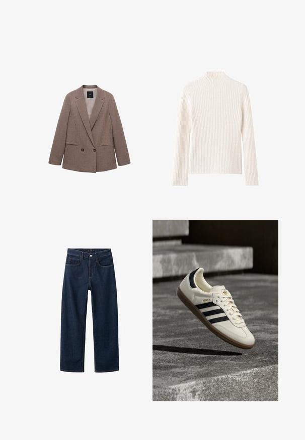 Blazer à carreaux marron avec un devant croisé, des revers à pointe, deux poches latérales et une doublure intérieure lisse.; Pull à col roulé côtelé en blanc cassé, fabriqué en tissu tricoté doux. Caractéristiques : manches longues et silhouette ajustée.; Jeans en denim bleu foncé avec une coupe droite, affichant un style classique à cinq poches, des coutures visibles et une fermeture à bouton à la taille.; Baskets blanches Adidas Samba avec des bandes noires et une semelle en gomme, flottant au-dessus de marches en béton gris texturé.