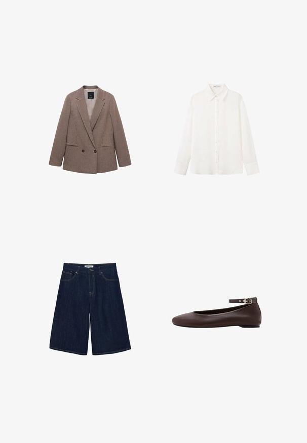 Blazer à carreaux marron avec un devant croisé, des revers à pointe, deux poches latérales et une doublure intérieure lisse.; Chemise blanche à manches longues boutonnée, avec un col pointe et de larges poignets, en tissu uni et lisse.; Shorts en denim bleu foncé jusqu'au genou avec fermeture par bouton et zip, poches avant et arrière, et coutures contrastées.; Chaussure plate marron foncé avec bout arrondi et bride de cheville réglable avec boucle argentée sur fond blanc.
