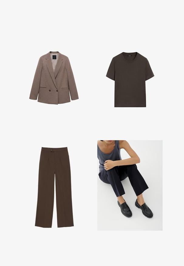 Blazer à carreaux marron avec un devant croisé, des revers à pointe, deux poches latérales et une doublure intérieure lisse.; T-shirt à manches courtes marron foncé en coton. Il possède un col rond et une coupe décontractée, sans motifs ni accents visibles.; Pantalon large marron avec un bouton à l'avant et une fermeture éclair dissimulée, présentant des plis marqués le long des jambes.; Mocassins en cuir noir avec accents texturés, talon bas, bout arrondi, et coutures visibles. Modèle portant un pantalon sombre et un haut gris.