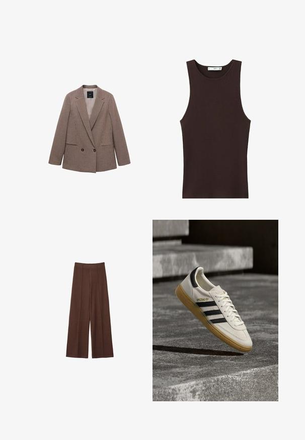 Blazer à carreaux marron avec un devant croisé, des revers à pointe, deux poches latérales et une doublure intérieure lisse.; Débardeur côtelé sans manches de couleur brun foncé avec encolure ronde, coupe ajustée, et petite étiquette de marque à l'intérieur du col.; Pantalons larges marron en tissu doux, avec une taille haute, des détails de couture verticaux et une texture lisse.; Baskets Adidas Spezial blanches avec des rayures noires et une semelle en gomme flottant au-dessus de marches en pierre grises à l'extérieur.